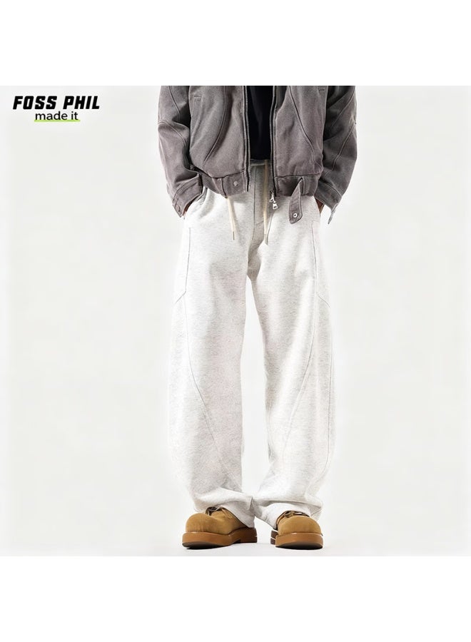 Foss Phil Men's Casual Autumn Winter Draped Loose Patchwork Straight Wide-leg Pants M1923 White Flower Gray L - Image 1