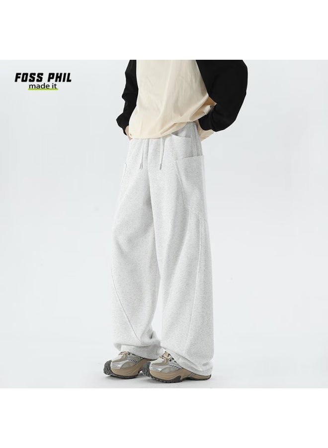 Foss Phil Men's Casual Autumn Winter Draped Loose Patchwork Straight Wide-leg Pants M1923 White Flower Gray L - Image 3