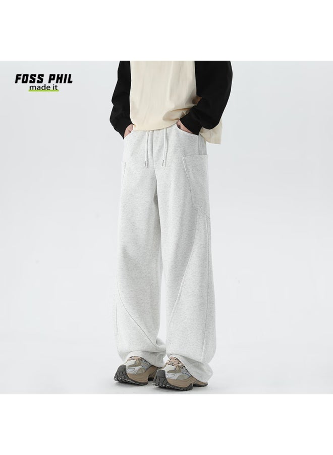 Foss Phil Men's Casual Autumn Winter Draped Loose Patchwork Straight Wide-leg Pants M1923 White Flower Gray L - Image 2