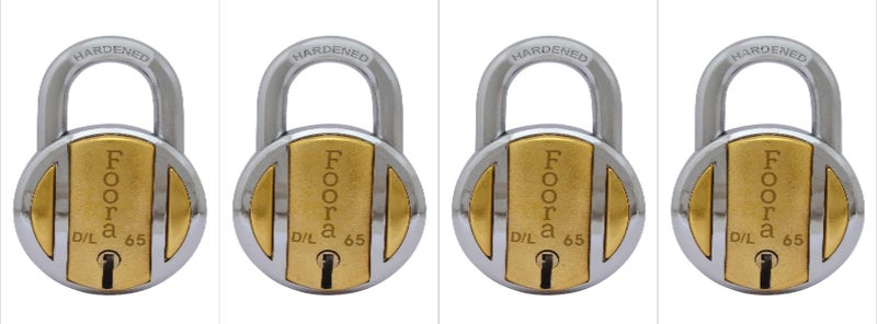 Foora 5 Key Brass Top Pack of 4 Padlock, Double Locking,8 Lever, Hardened Shackle 65mm(4) - Image 5
