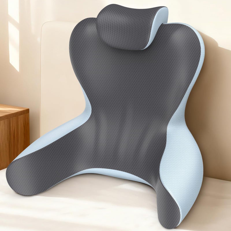HAMYODO Reading Pillow for Sitting in Bed,22" H Back Support Pillow for Sitting up,Back Rest & Lumbar Support Pillows with Arms, Bed Rest Chair Cushion,Chaise Lounges Reclining,Gaming,Work,Resting(Grey&Blue) - Image 1