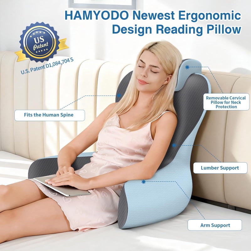 HAMYODO Reading Pillow for Sitting in Bed,22" H Back Support Pillow for Sitting up,Back Rest & Lumbar Support Pillows with Arms, Bed Rest Chair Cushion,Chaise Lounges Reclining,Gaming,Work,Resting(Grey&Blue) - Image 2
