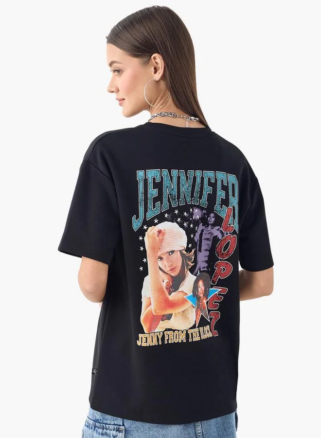 Jennifer Lopez Print Crew Neck T-shirt with Short Sleeves