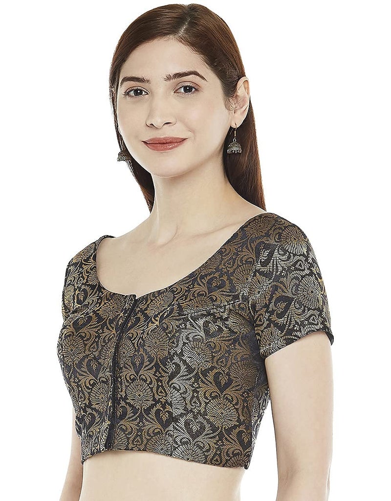 Studio Shringaar Women's Benaras Brocade Short Sleeves Readymade Saree Blouse,(Black,38) - Image 2