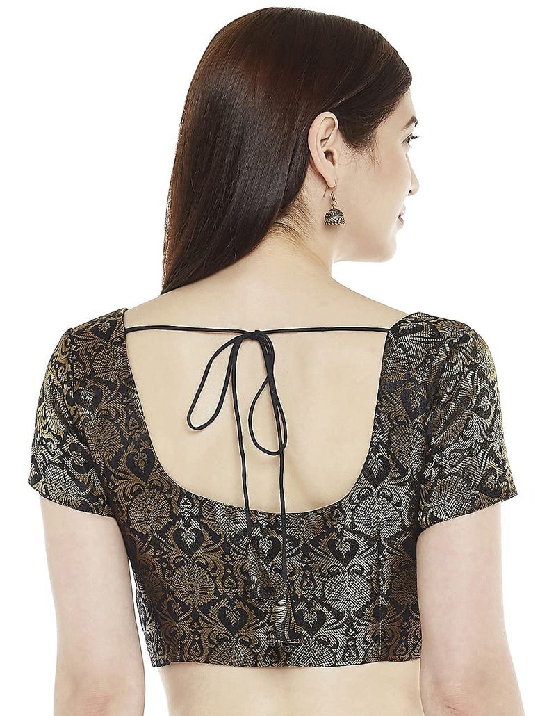 Studio Shringaar Women's Benaras Brocade Short Sleeves Readymade Saree Blouse,(Black,38) - Image 3
