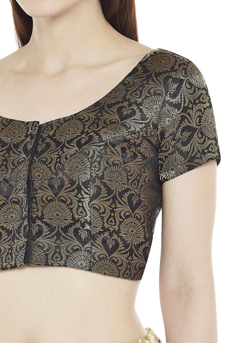 Studio Shringaar Women's Benaras Brocade Short Sleeves Readymade Saree Blouse,(Black,38) - Image 4