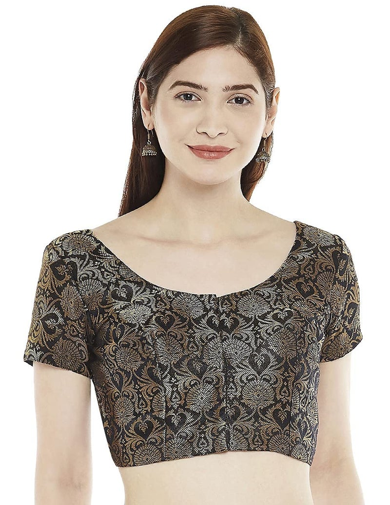 Studio Shringaar Women's Benaras Brocade Short Sleeves Readymade Saree Blouse,(Black,38) - Image 1