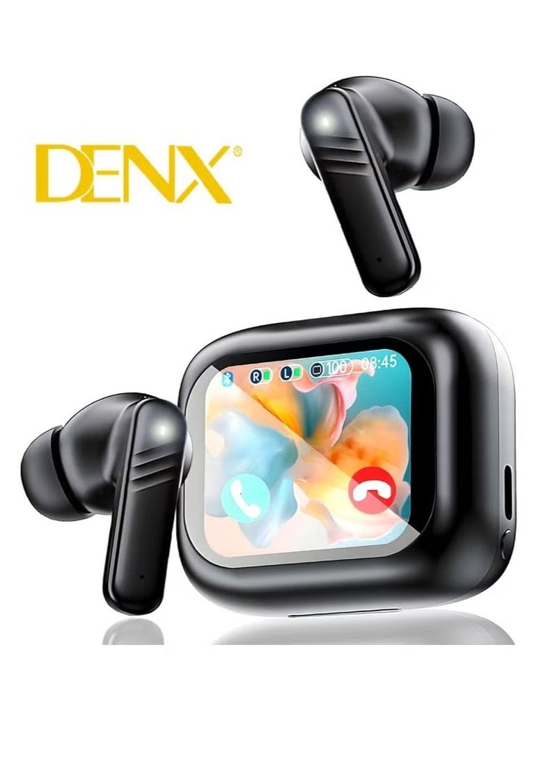Denx Smart Bluetooth headphones with touchscreen, ANC/ENC, 320mAh battery, water resistance, wireless Bluetooth earbuds with noise cancellation and professional LCD display for iPhone and Android devices, black. - Image 1
