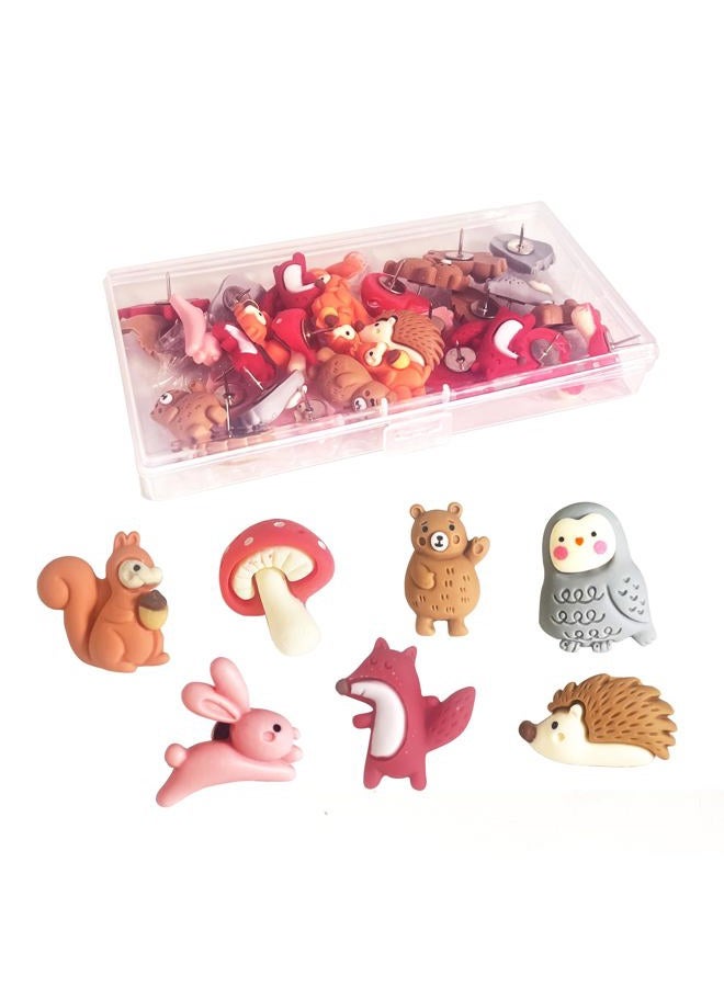 Supfoxer Animal Push Pins (Squirrel,Fox,Hedgehog,Rabbit,Bear,Owl,Mushroom) - Cute Resin Thumb Tacks for Bulletin Board, Cork Board, Office, School - 7 Styles Mixed Pack (30 PCS) - Image 1