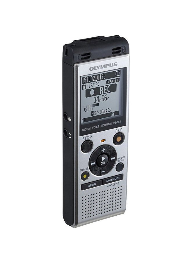 Olympus WS-852 silver voice recorder with true stereo mic, 4GB, 110 hours battery life, microSD external memory, USB, with MP3 file format. - Image 1