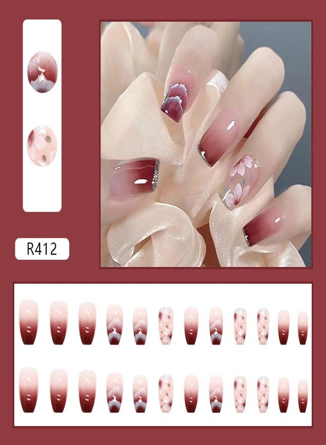Vezocim Medium Length Press on Nails, Artificial Acrylic Fake Nails for Women, 24PCS Full Cover Reusable False Nails Kits, Flowers Acrylic Nails Design, Glue on Nails Fake Nails for Nail Art - Image 2