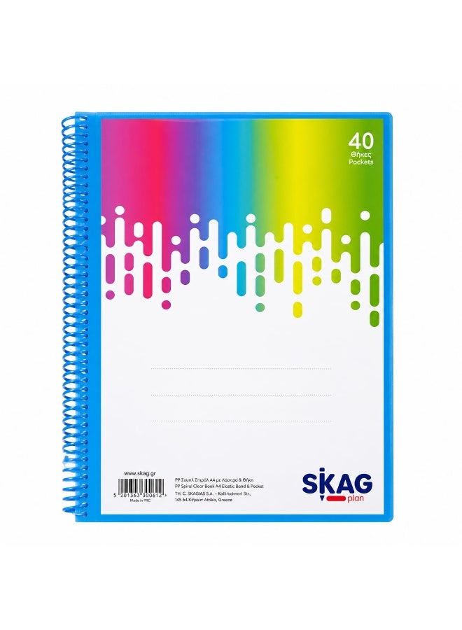 سكاج دفتر تخطيط SKAG PLAN A4 PP حلزوني شفاف مع شريط مطاطي - 40 جيبًا نيون - Image 1