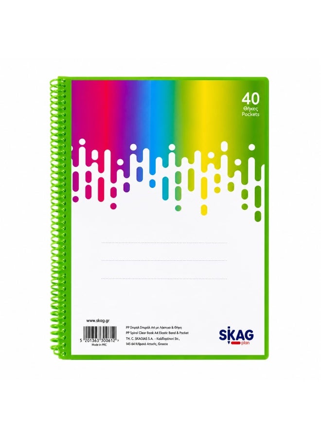 سكاج دفتر تخطيط SKAG PLAN A4 PP حلزوني شفاف مع شريط مطاطي - 40 جيبًا نيون - Image 3