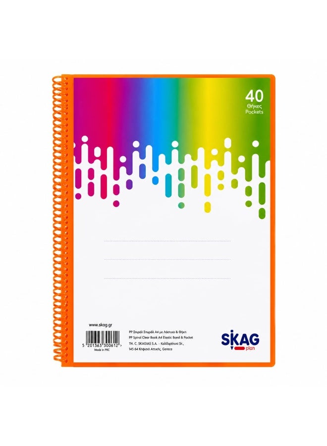 سكاج دفتر تخطيط SKAG PLAN A4 PP حلزوني شفاف مع شريط مطاطي - 40 جيبًا نيون - Image 4