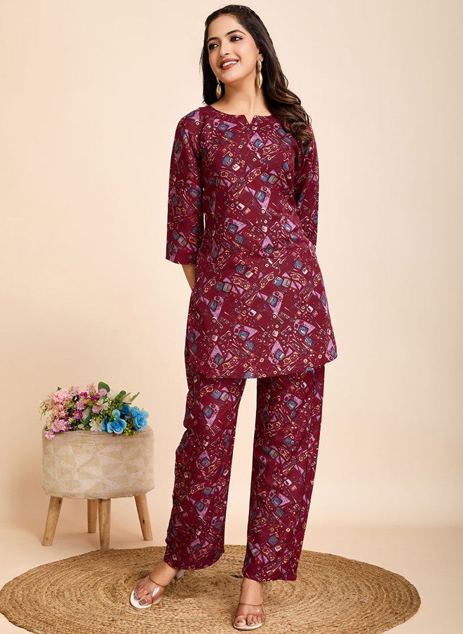 Women Basket Floral Printed Notch Neck Straight Kurta with Trousers for Women - Image 1