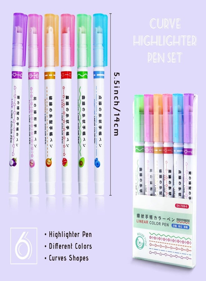 YETOOME 6 PCS Colored Curve Highlighter Pen Set with 6 Different Curve Shapes for Scrapbook Journaling Supplies Planner Art Design Note Take - Image 2
