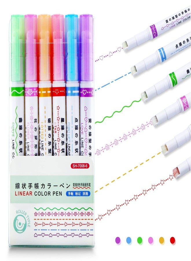 YETOOME 6 PCS Colored Curve Highlighter Pen Set with 6 Different Curve Shapes for Scrapbook Journaling Supplies Planner Art Design Note Take - Image 1