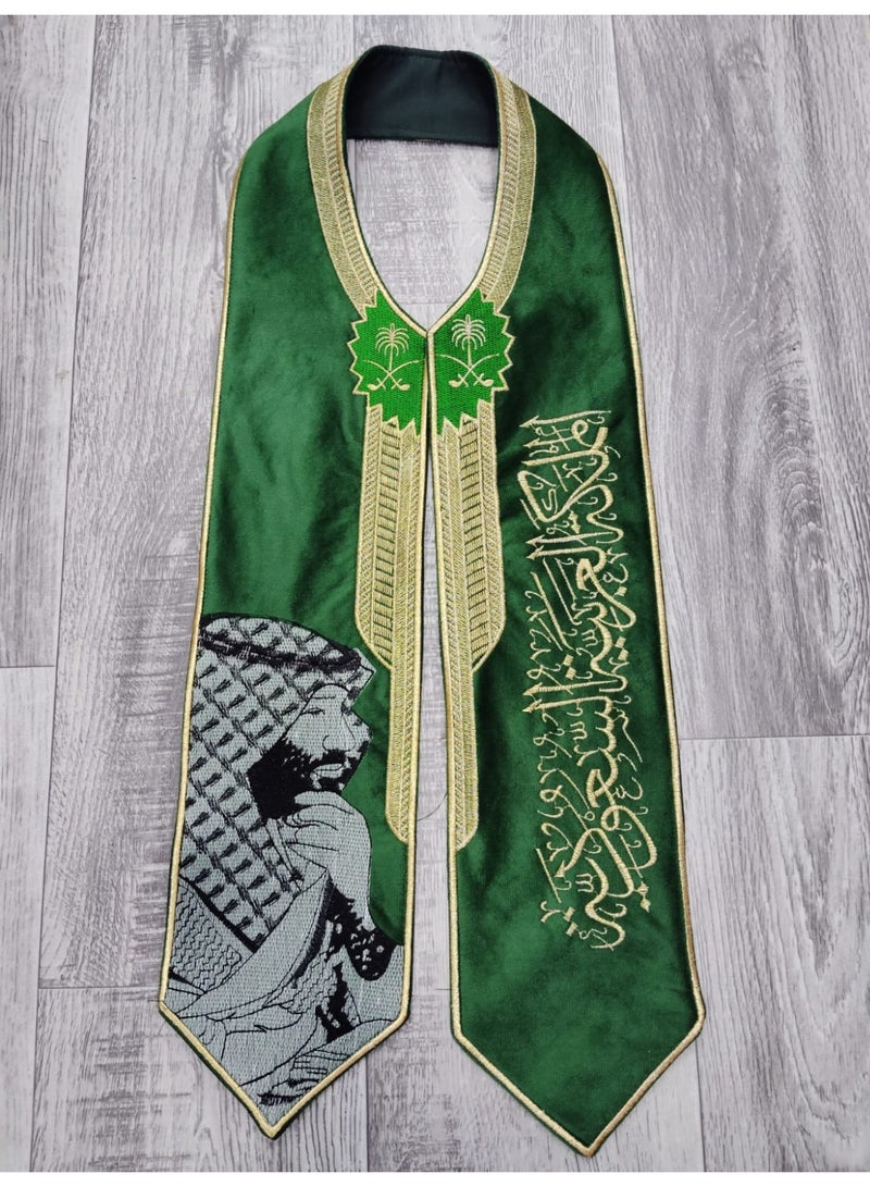 Saudi National Day Scarf for Men – A collection of premium embroidered designs inspired by Saudi identity; a celebratory scarf for national occasions, events, and festivities. Features soft velvet fabric with exquisite embroidery and a one-size-fits-all design. - Image 2