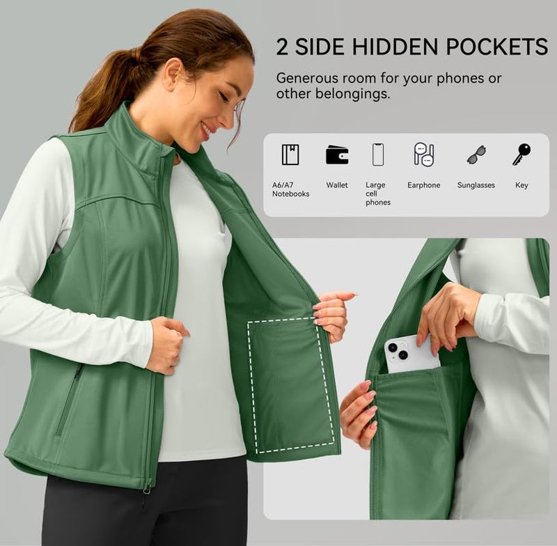 Soothfeel Women's Vest with Zipper Pocekts Lightweight Softshell Sleeveless Jacket Hiking Travel Golf Running Vest for Women (Green, L) - Image 2