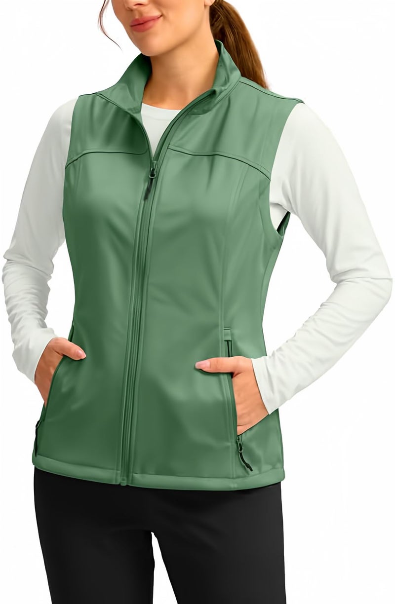 Soothfeel Women's Vest with Zipper Pocekts Lightweight Softshell Sleeveless Jacket Hiking Travel Golf Running Vest for Women (Green, L) - Image 1
