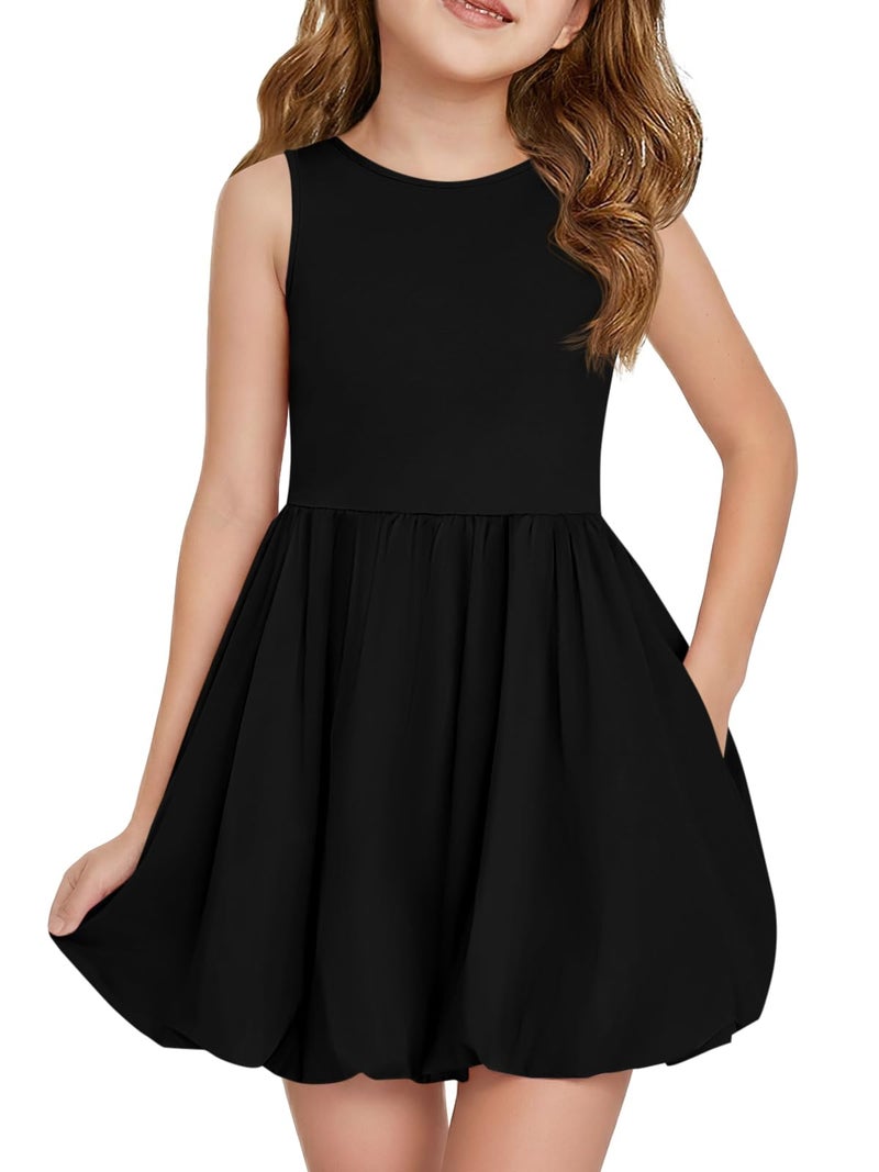 Haloumoning Girls Summer Sleeveless Bubble Dress Kids Cute Crew Neck Tank Mini Dresses with Pockets 5-14 Years Black - Image 1