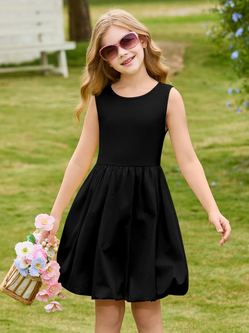 Haloumoning Girls Summer Sleeveless Bubble Dress Kids Cute Crew Neck Tank Mini Dresses with Pockets 5-14 Years Black - Image 3