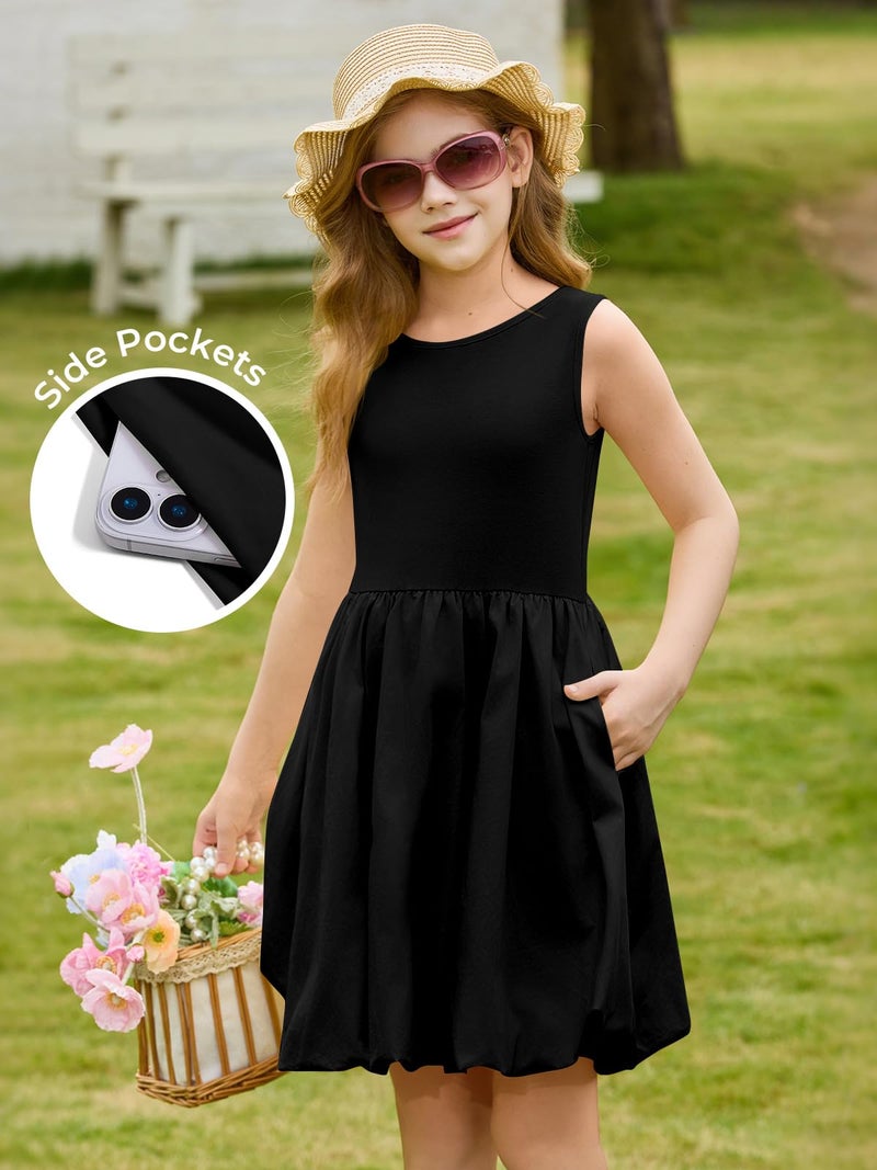 Haloumoning Girls Summer Sleeveless Bubble Dress Kids Cute Crew Neck Tank Mini Dresses with Pockets 5-14 Years Black - Image 5