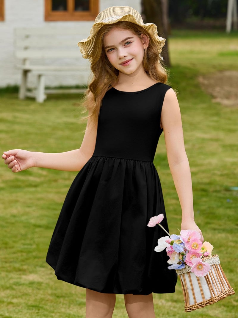 Haloumoning Girls Summer Sleeveless Bubble Dress Kids Cute Crew Neck Tank Mini Dresses with Pockets 5-14 Years Black - Image 2