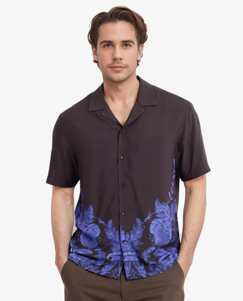 Rare Rabbit Rare Rabbit Men's Meb Dark Brown Viscose Fabric Short Sleeve Cuban Collared Boxy Fit Placement Print Shirt