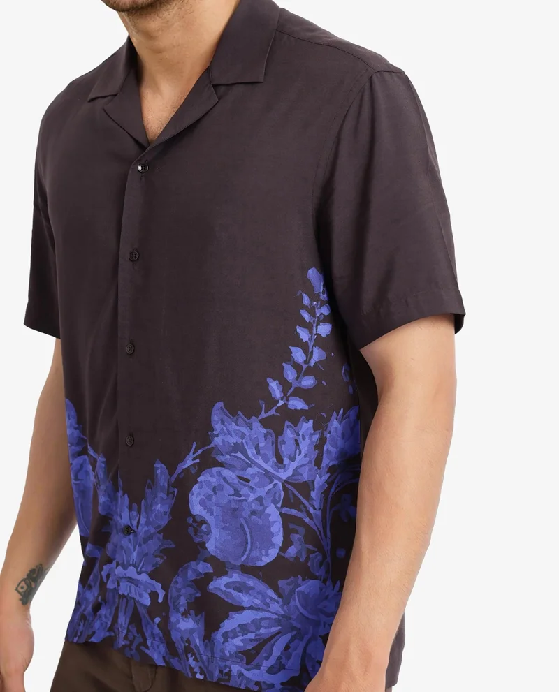 Rare Rabbit Rare Rabbit Men's Meb Dark Brown Viscose Fabric Short Sleeve Cuban Collared Boxy Fit Placement Print Shirt