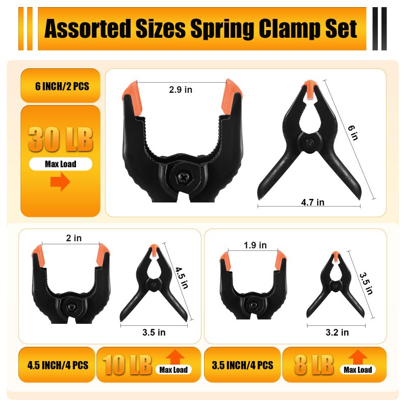 RELBRO Spring Clamps, Assorted Sizes Plastic Clips for Woodworking Balloon Arch Backdrop Craft Projects, Heavy Duty, 6 Inch, 4.5 Inch, 3.5 Inch, Black, 10 Pcs - Image 2
