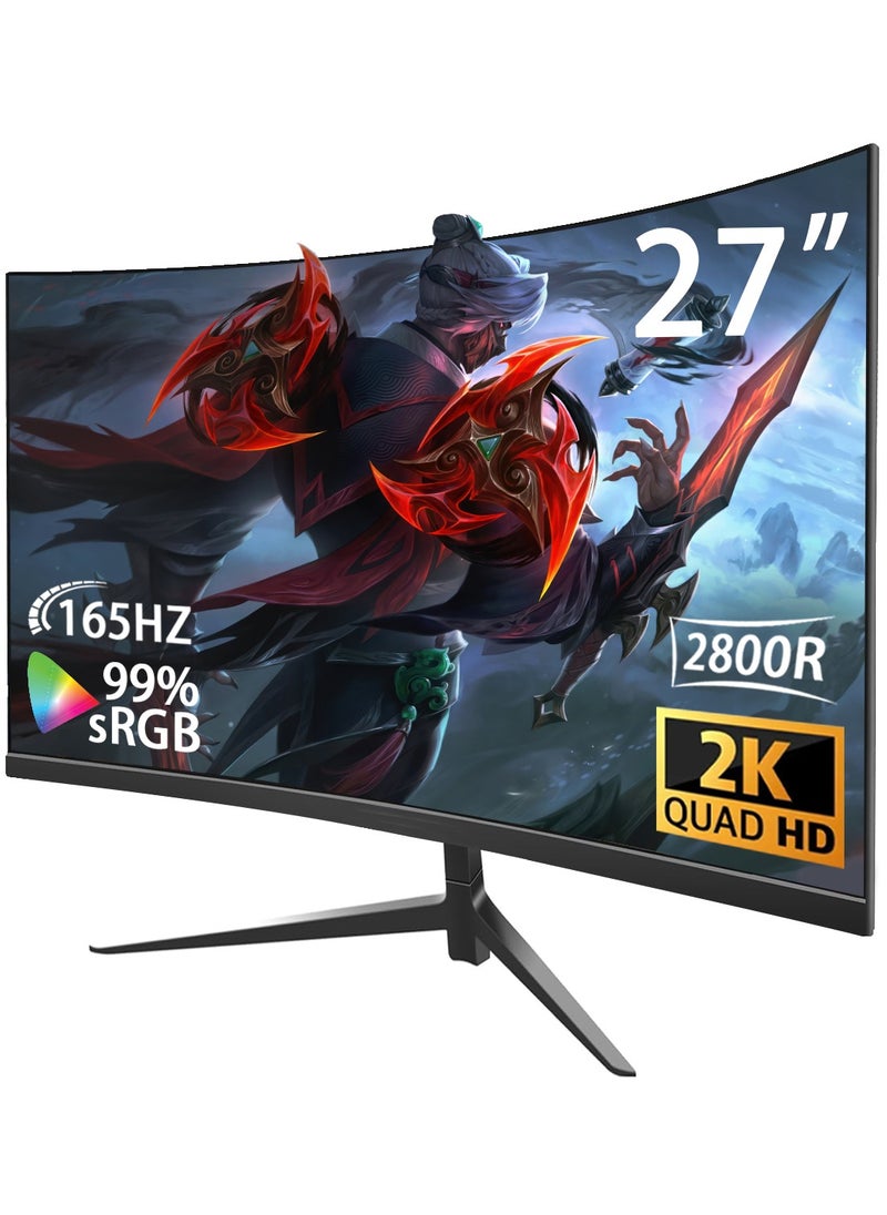 هاي لوك - شاشة ألعاب منحنية 27 بوصة، شاشة كمبيوتر QHD 2560 x 1440 165 هرتز، شاشة عرض HDR عريضة 16:9، FreeSync، استجابة 1 مللي ثانية، 2* HDMI ومنفذ DisplayPort، قابل للتعديل للإمالة - Image 1