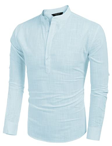 COOFANDY Men's Cotton Linen Henley T-Shirts Long Sleeve Hippie Casual Beach T-Shirts Blue - Image 2