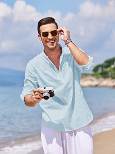 COOFANDY Men's Cotton Linen Henley T-Shirts Long Sleeve Hippie Casual Beach T-Shirts Blue - Image 3