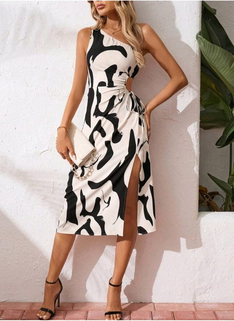 Shein SHEIN Women's Printed DRESS  Asymmetrical Collar Hollow Out Waist Drawstring Slit Dress Maxi Women  - Image 2