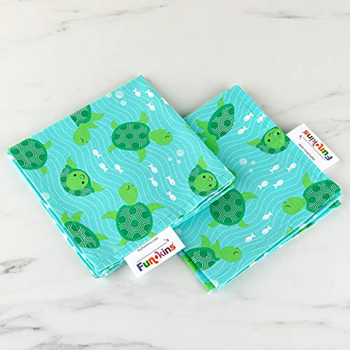 FUN KINS Funkins Reusable Cloth Napkins for Kids | 12”x12”, 2-Ply, Thick, Absorbent, Durable | Machine Washable | Name Tag | Soft Cotton Fabric | Great for School Lunchboxes | Set of 2 Napkins (Sea Turtles) - Image 2