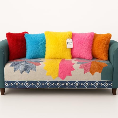 PWI Fluffy Cushions Set of 5 | 10x10 Inch | Soft Faux Fur | Multi-Color (Random Colors) | Perfect for Sofa, Bed & Gifting - Image 1
