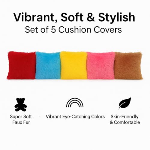 PWI Fluffy Cushions Set of 5 | 10x10 Inch | Soft Faux Fur | Multi-Color (Random Colors) | Perfect for Sofa, Bed & Gifting - Image 3