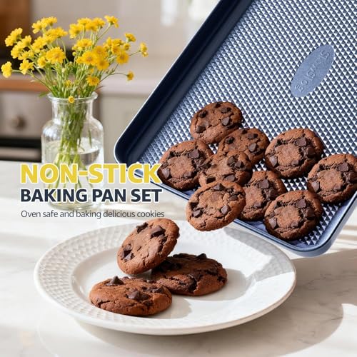 Slow Slog 3Pcs Nonstick Baking Sheet, Baking Sheet Pan Set, Jelly Roll Pans, Cookies Sheet for Baking, Cookie Sheet Pan with Diamond Texture, Blue - Image 3
