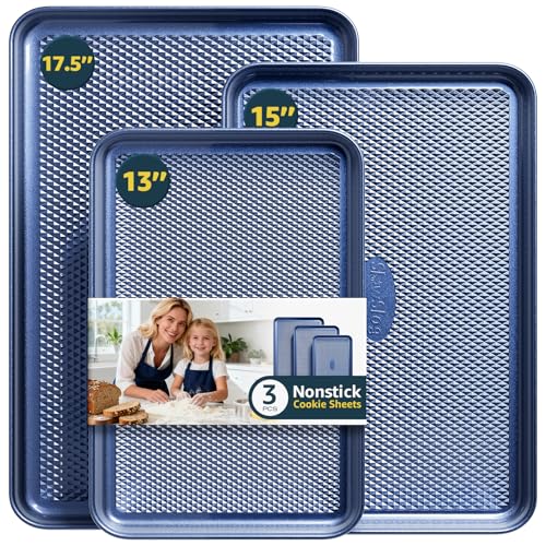 Slow Slog 3Pcs Nonstick Baking Sheet, Baking Sheet Pan Set, Jelly Roll Pans, Cookies Sheet for Baking, Cookie Sheet Pan with Diamond Texture, Blue - Image 1
