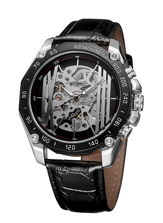 FORSINING ​​Forsining Men's Fashion Skeleton Watch - Silver-Tone Case with Black Openworked Dial, Automatic Movement, Contemporary Minimalist Design, Versatile Business Casual Style for Daily Wear & Formal Occasions​​  - Image 1