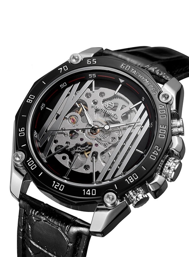 FORSINING ​​Forsining Men's Fashion Skeleton Watch - Silver-Tone Case with Black Openworked Dial, Automatic Movement, Contemporary Minimalist Design, Versatile Business Casual Style for Daily Wear & Formal Occasions​​  - Image 2