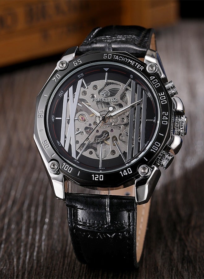 FORSINING ​​Forsining Men's Fashion Skeleton Watch - Silver-Tone Case with Black Openworked Dial, Automatic Movement, Contemporary Minimalist Design, Versatile Business Casual Style for Daily Wear & Formal Occasions​​  - Image 3