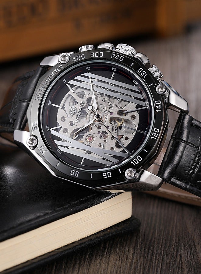 FORSINING ​​Forsining Men's Fashion Skeleton Watch - Silver-Tone Case with Black Openworked Dial, Automatic Movement, Contemporary Minimalist Design, Versatile Business Casual Style for Daily Wear & Formal Occasions​​  - Image 4