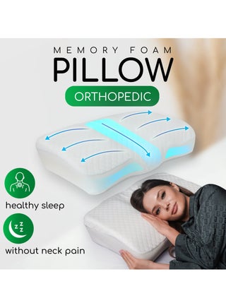 Memory Foam Pillow for Sleeping, Orthopedic Cervical Pillow for Neck Pain Relief, Medium Firmness, Unique Cooling Pillowcase, 57x32 cm, Zippered Removable Cover - view 2