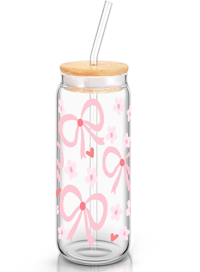 Hoolerry Coquette Bow Aesthetic Cup, 16 oz Dainty Glass Cup in Pink with Lid and Straw, Vintage Coquette Aesthetic Drinking Jar for Girls Women Birthday Party Favors(Flower Bow) - Image 1