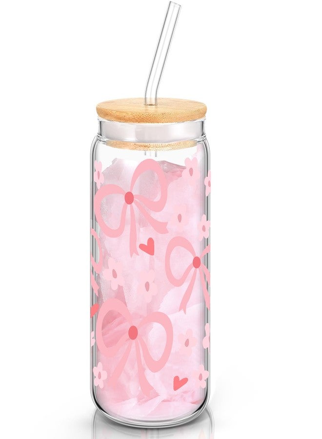 Hoolerry Coquette Bow Aesthetic Cup, 16 oz Dainty Glass Cup in Pink with Lid and Straw, Vintage Coquette Aesthetic Drinking Jar for Girls Women Birthday Party Favors(Flower Bow) - Image 2