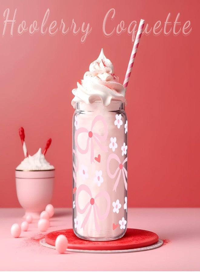 Hoolerry Coquette Bow Aesthetic Cup, 16 oz Dainty Glass Cup in Pink with Lid and Straw, Vintage Coquette Aesthetic Drinking Jar for Girls Women Birthday Party Favors(Flower Bow) - Image 4