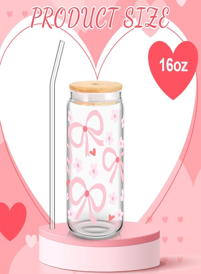 Hoolerry Coquette Bow Aesthetic Cup, 16 oz Dainty Glass Cup in Pink with Lid and Straw, Vintage Coquette Aesthetic Drinking Jar for Girls Women Birthday Party Favors(Flower Bow) - Image 3