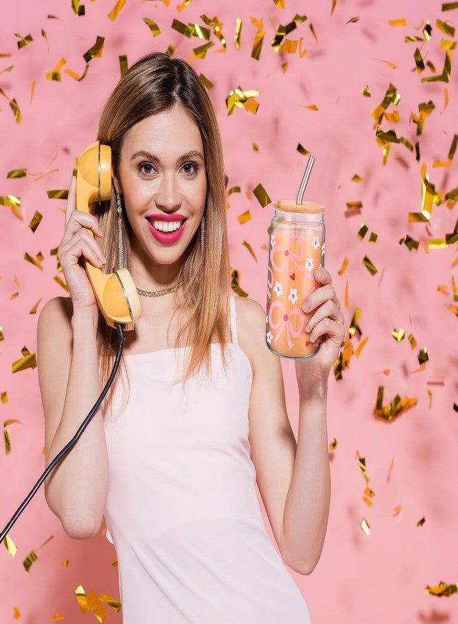 Hoolerry Coquette Bow Aesthetic Cup, 16 oz Dainty Glass Cup in Pink with Lid and Straw, Vintage Coquette Aesthetic Drinking Jar for Girls Women Birthday Party Favors(Flower Bow) - Image 5